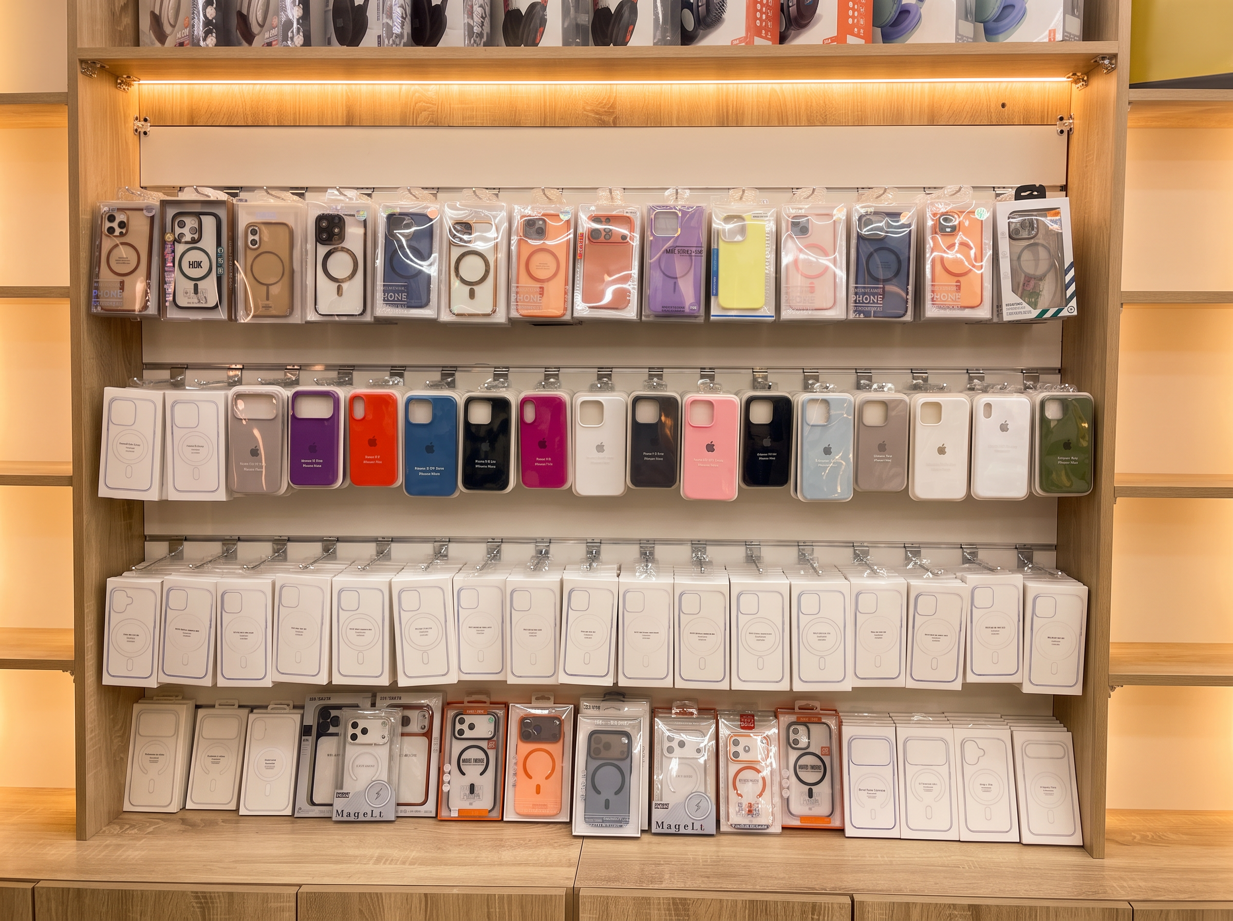 Display wall of phone cases inside JB Cell