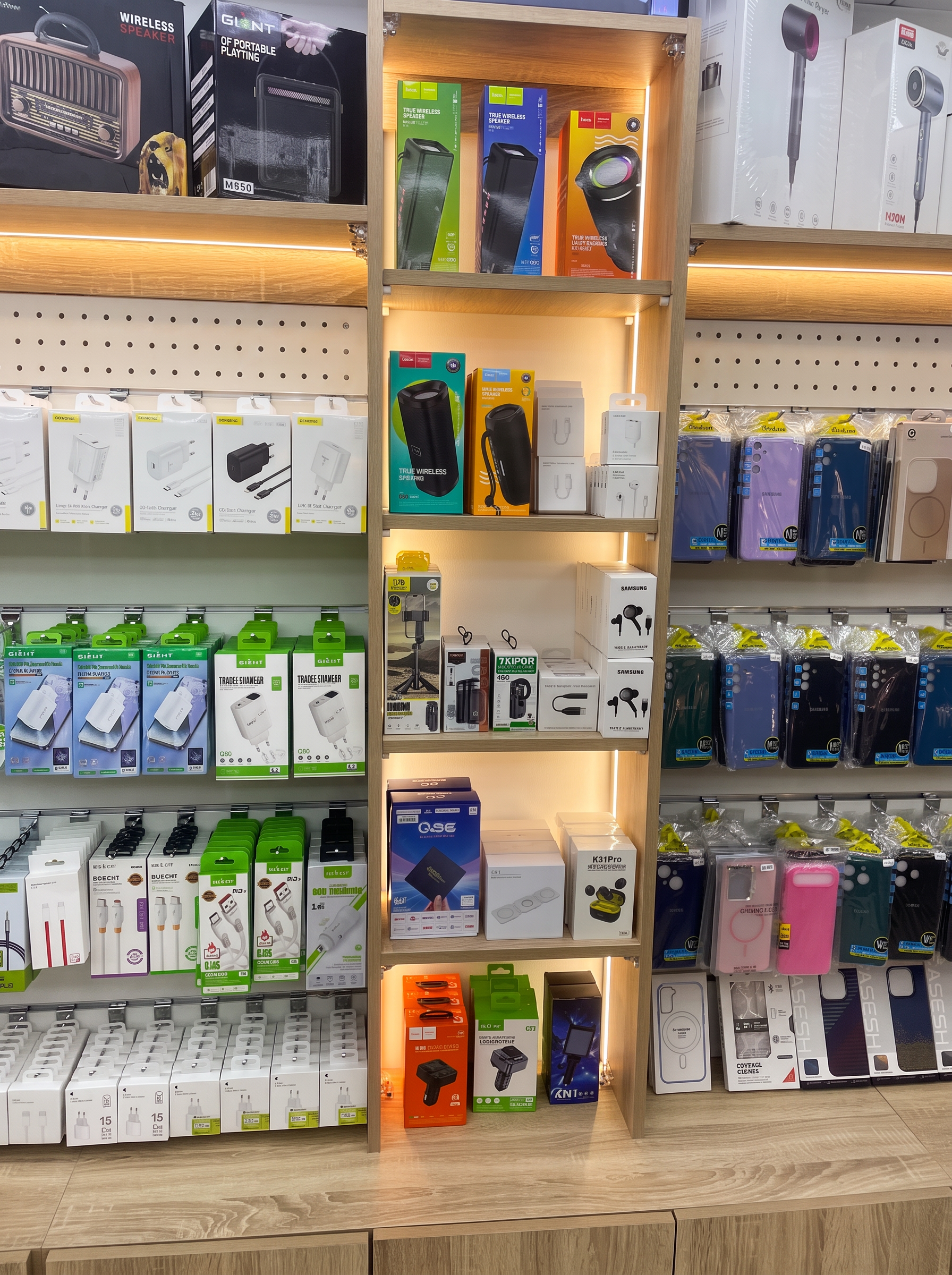 Portable speakers on the shelves